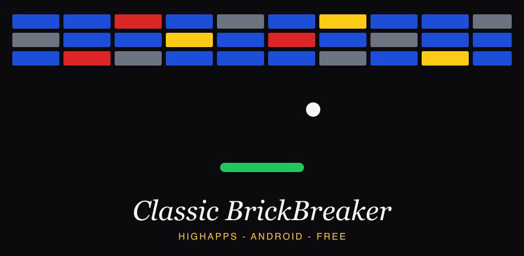 Classic BrickBreaker banner: a wall of coloured bricks above a paddle