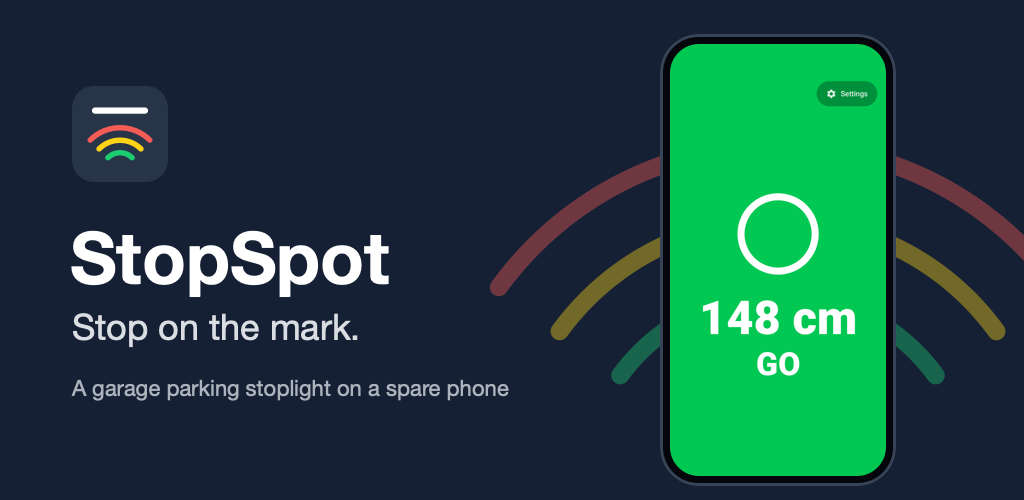 StopSpot banner: the app icon and name, and a phone showing the green StopSpot screen with sensor waves behind it